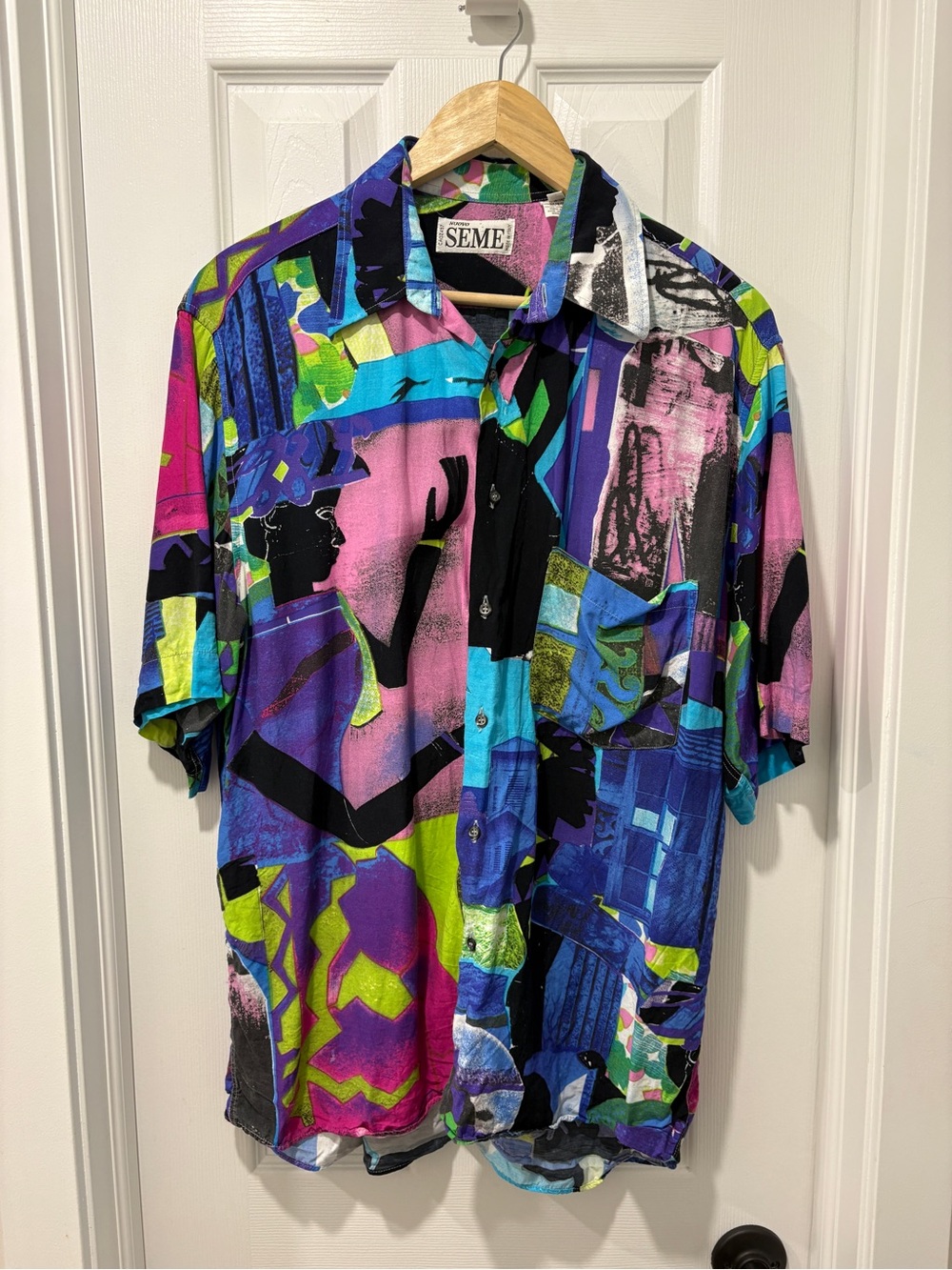 Vintage 1980s rayon Men’s Short Sleeve Shirt Abstract Print large made Italy